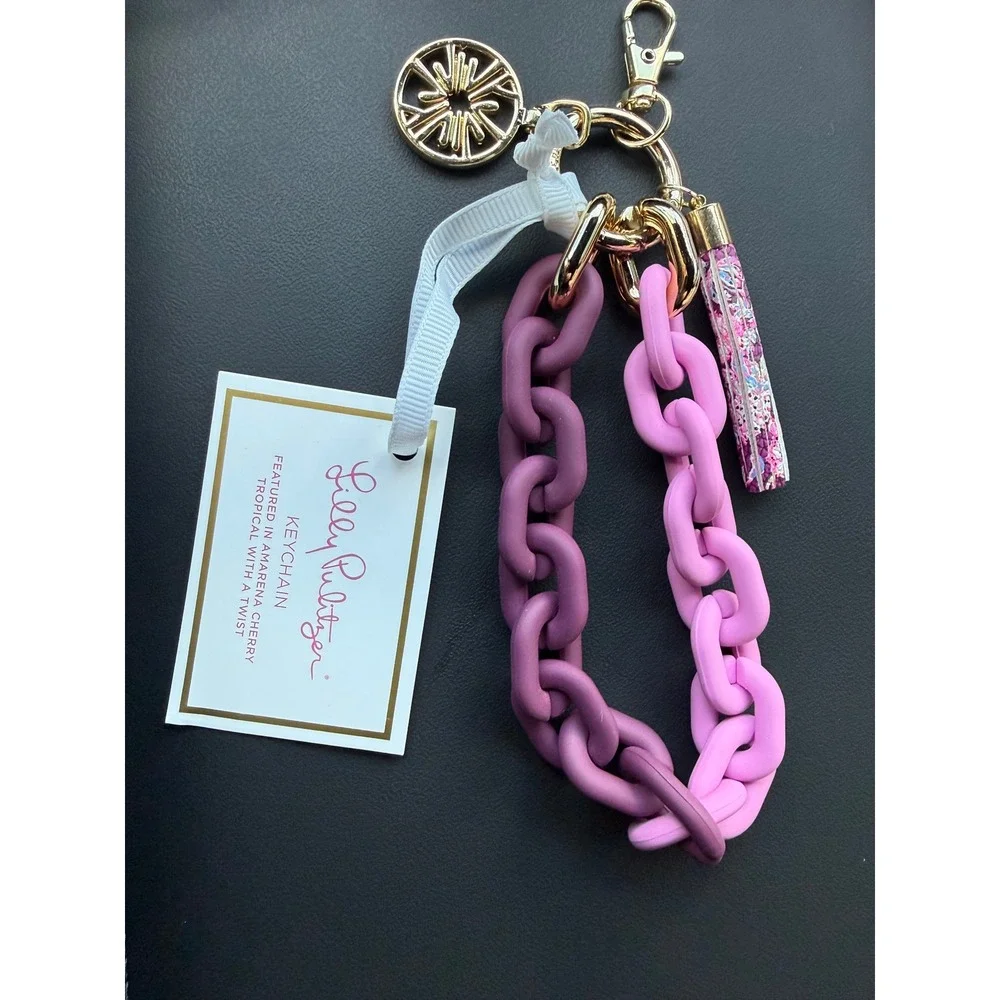 Lilly Pulitzer Marena Cherry Resin Chain Keychain Pink Purple Tassel Gold Charm
